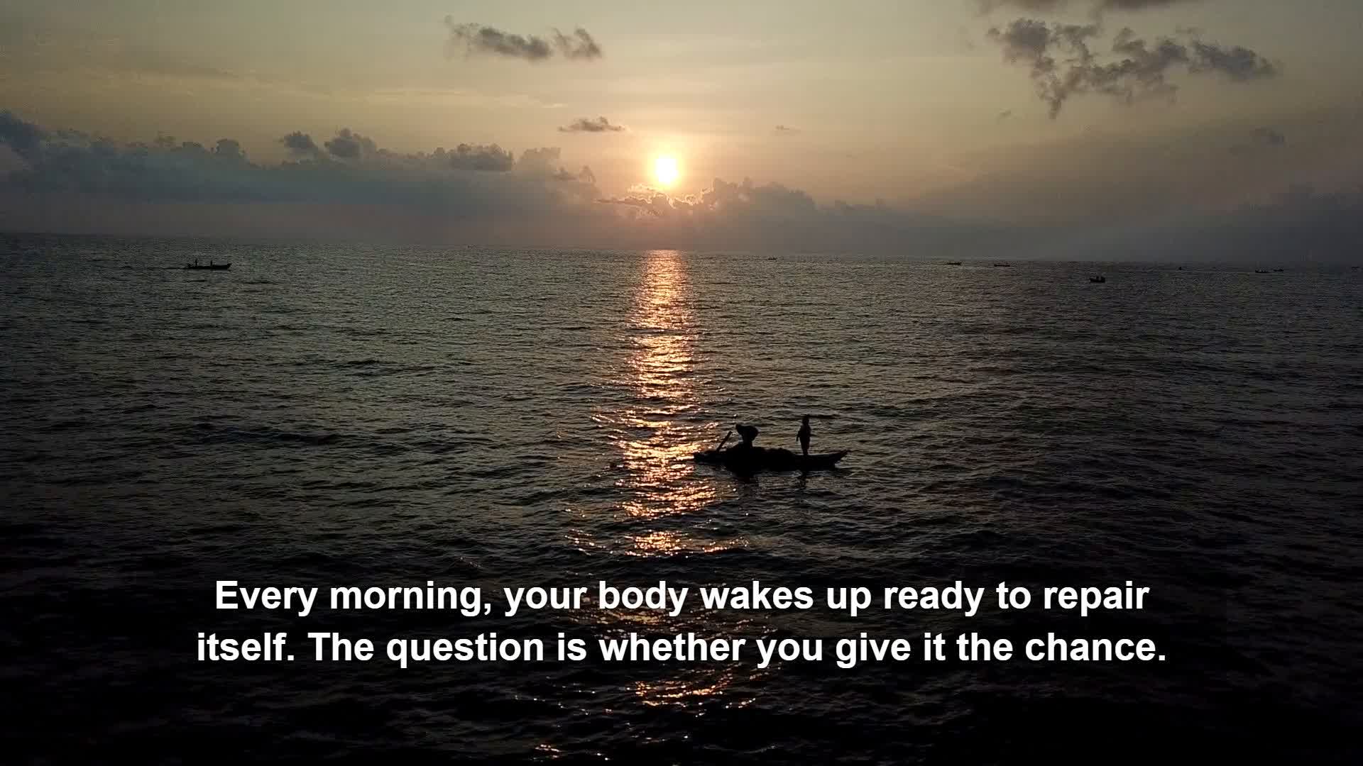 Rendered Rivu documentary scene showing a sunrise over water with captions