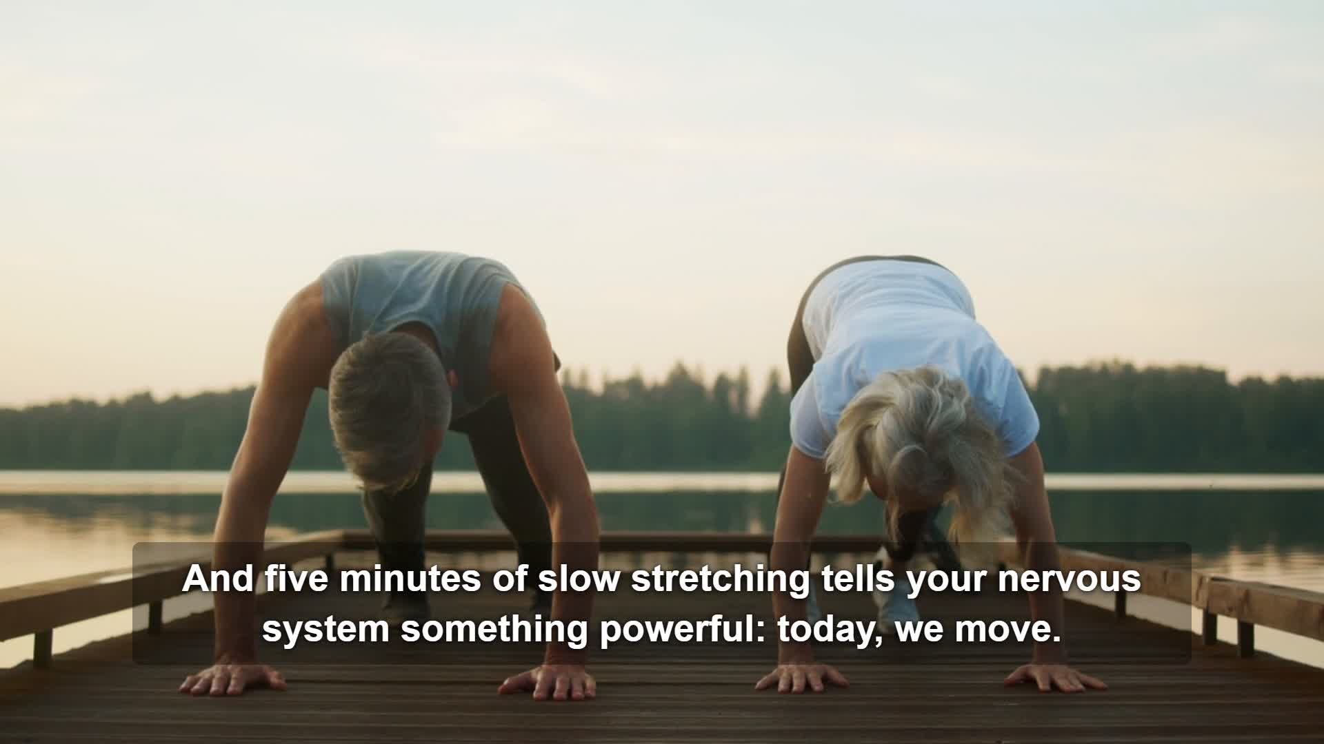 Rendered Rivu documentary scene showing two people stretching with captions
